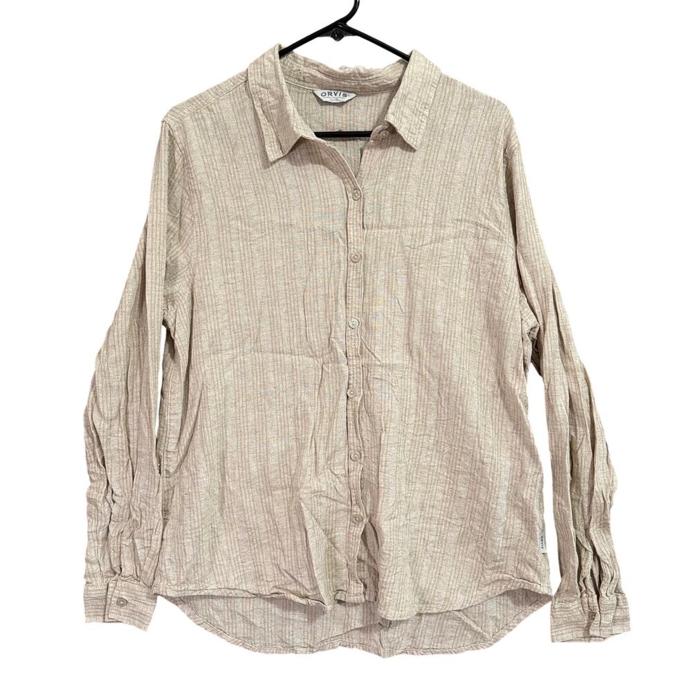 Orvis Womens Shirt Tan Collared Button Down Long Sleeve Linen Blend Medium